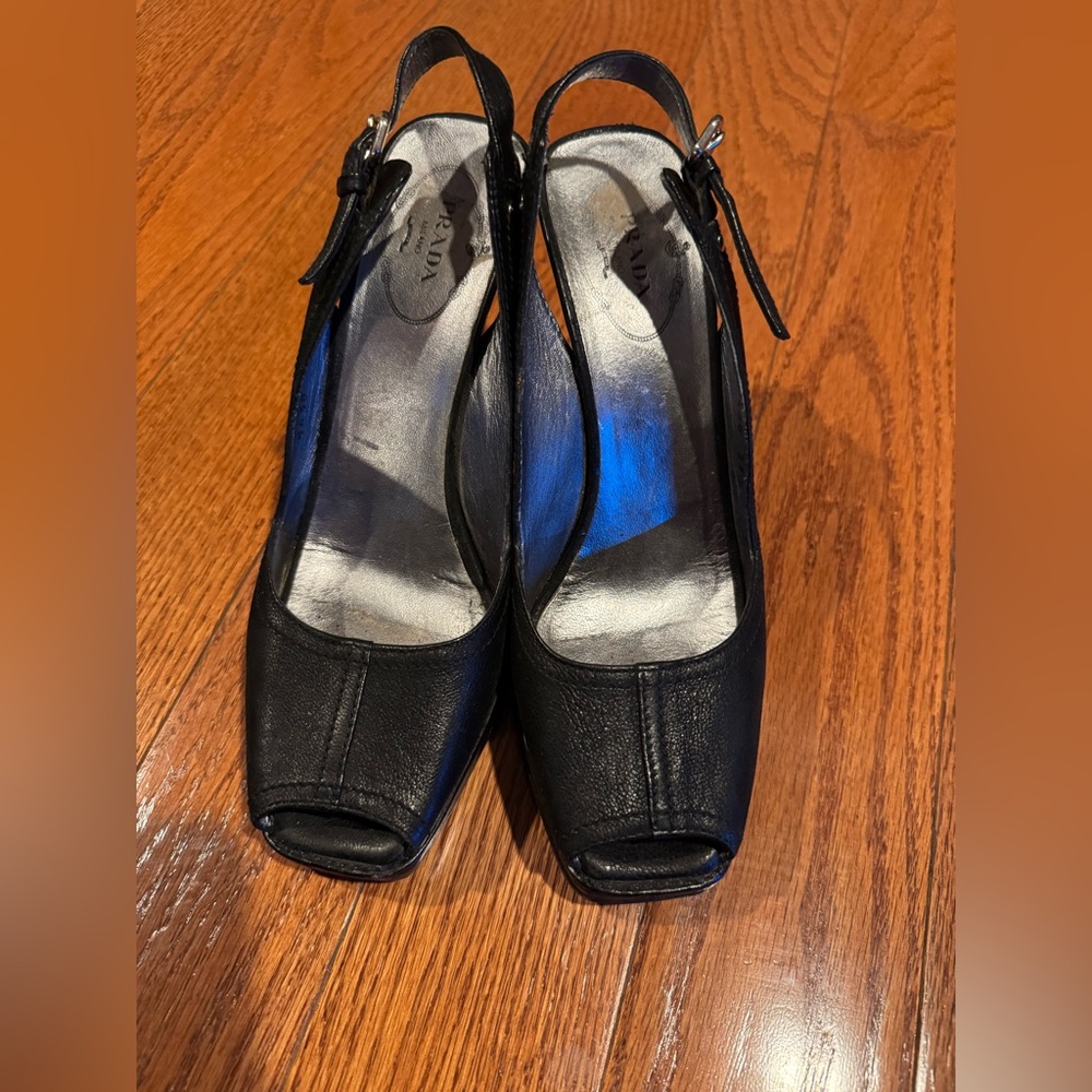 Prada Women’s High Heel Sandals Shoes Size 37.5 Black Slingback